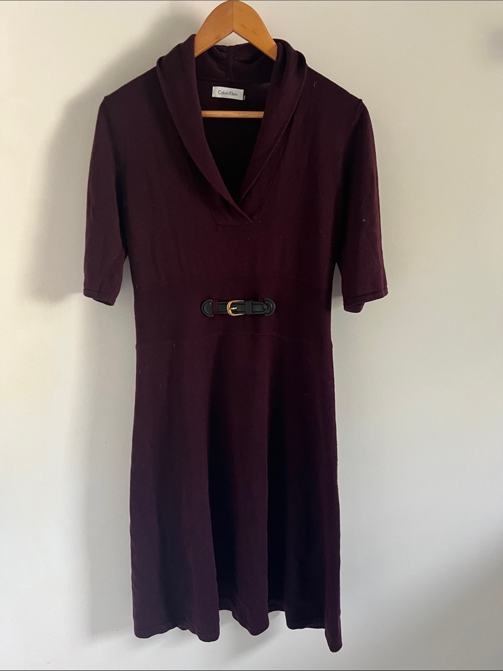 Calvin Klein Women's Burgundy Short Sleeve Belted Sweater Dress